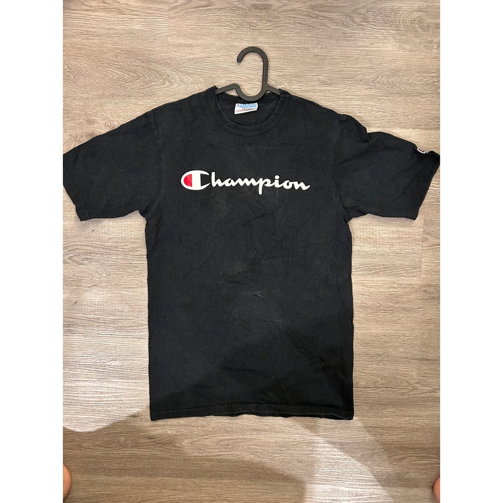 Champion Mens Script Logo Graphic‎ T-Shirt Black Small Short Sleeve Crew Neck